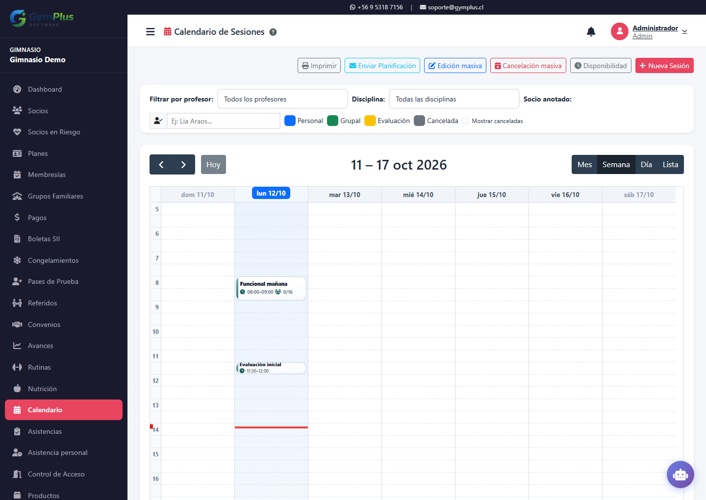 Calendario semanal con clases grupales y una evaluación