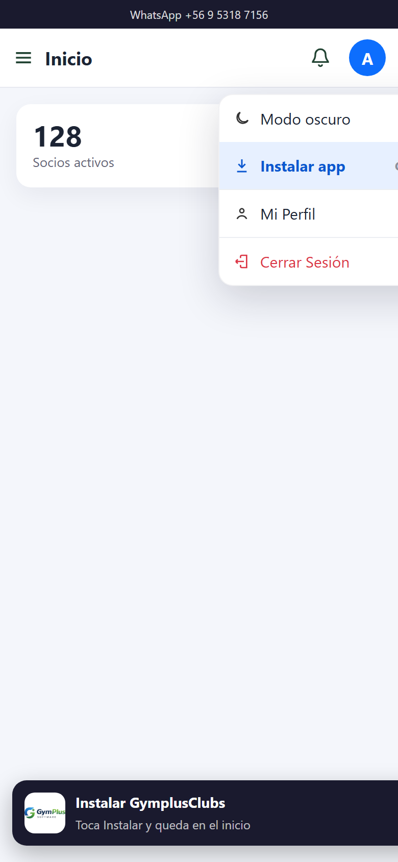 Menú del panel con Instalar app y el ícono de descarga