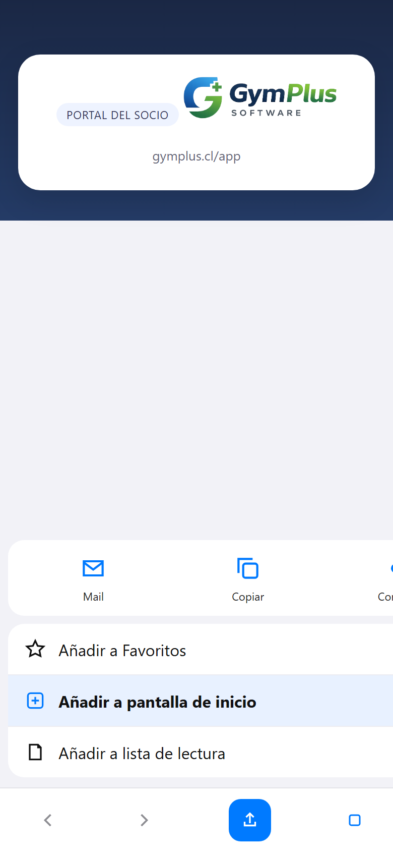 Safari con el botón compartir y Añadir a pantalla de inicio